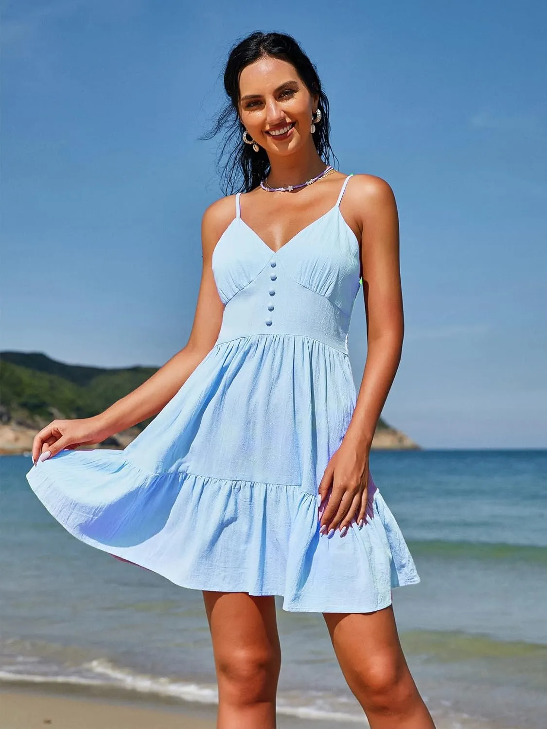 ZAFUL Women's Casual V Neck Summer Mini Dress Spaghetti Strap A-Line Short Dresses Backless Solid Color Sundress