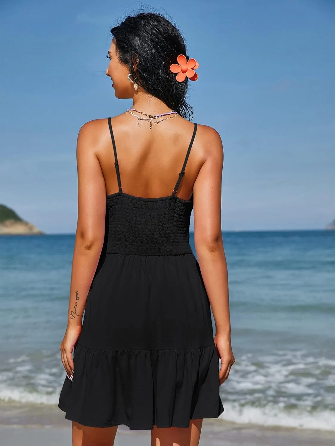 ZAFUL Women's Casual V Neck Summer Mini Dress Spaghetti Strap A-Line Short Dresses Backless Solid Color Sundress