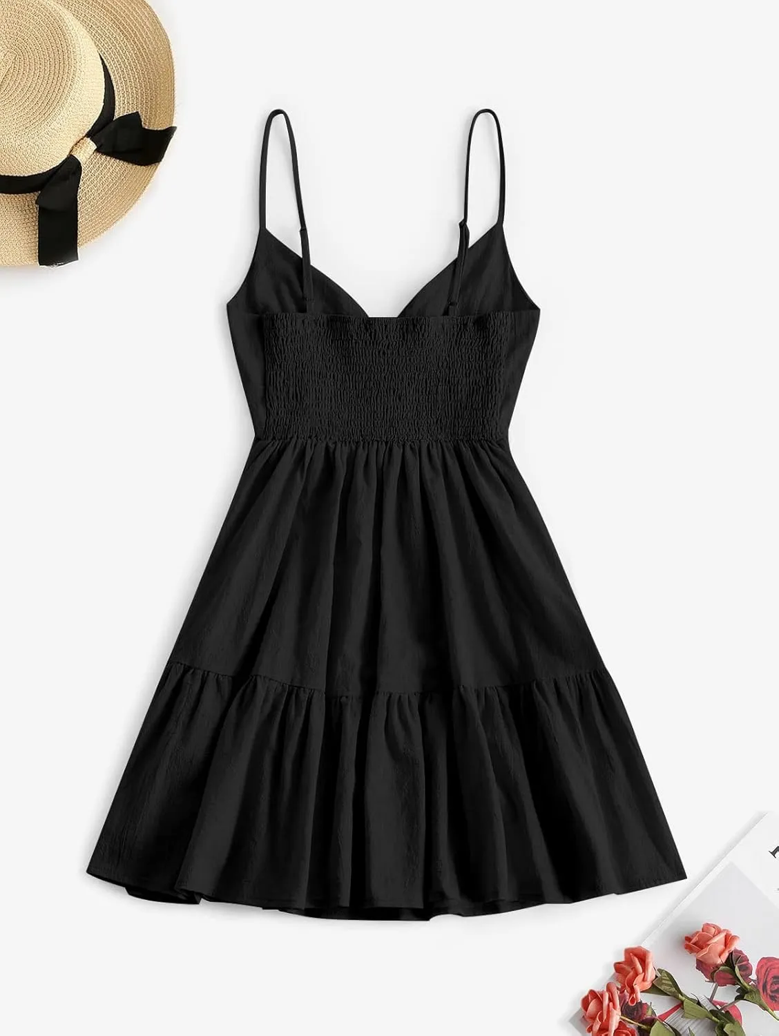 ZAFUL Women's Casual V Neck Summer Mini Dress Spaghetti Strap A-Line Short Dresses Backless Solid Color Sundress