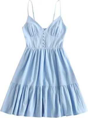 ZAFUL Women's Casual V Neck Summer Mini Dress Spaghetti Strap A-Line Short Dresses Backless Solid Color Sundress