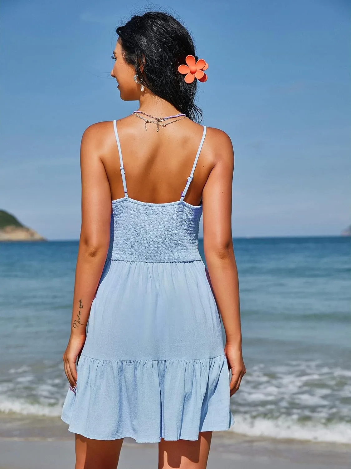 ZAFUL Women's Casual V Neck Summer Mini Dress Spaghetti Strap A-Line Short Dresses Backless Solid Color Sundress
