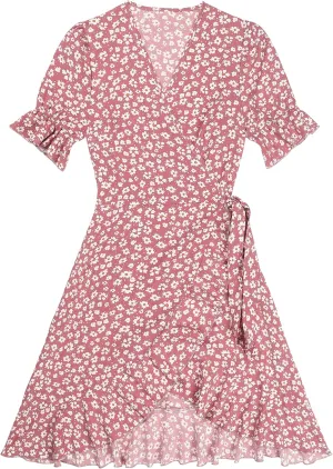 ZAFUL Women's Summer Wrap Dress Short Puff Sleeve Mini Dress Ditsy Floral V-Neck Waist Tie Ruffle Swing Skater Dresses