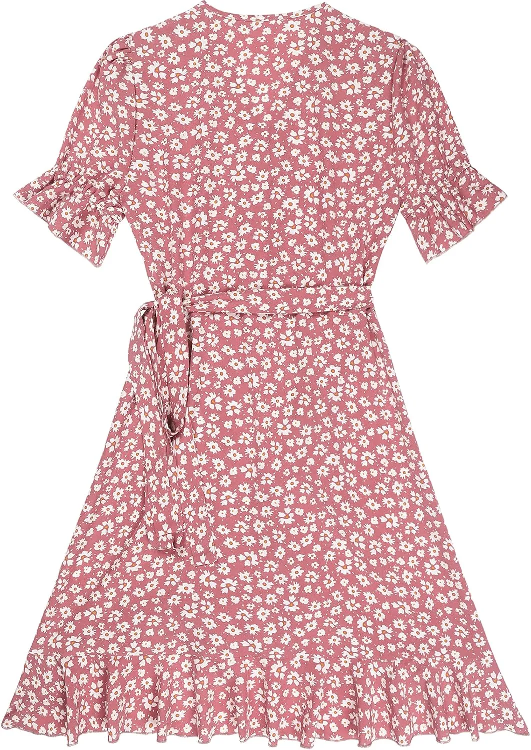 ZAFUL Women's Summer Wrap Dress Short Puff Sleeve Mini Dress Ditsy Floral V-Neck Waist Tie Ruffle Swing Skater Dresses
