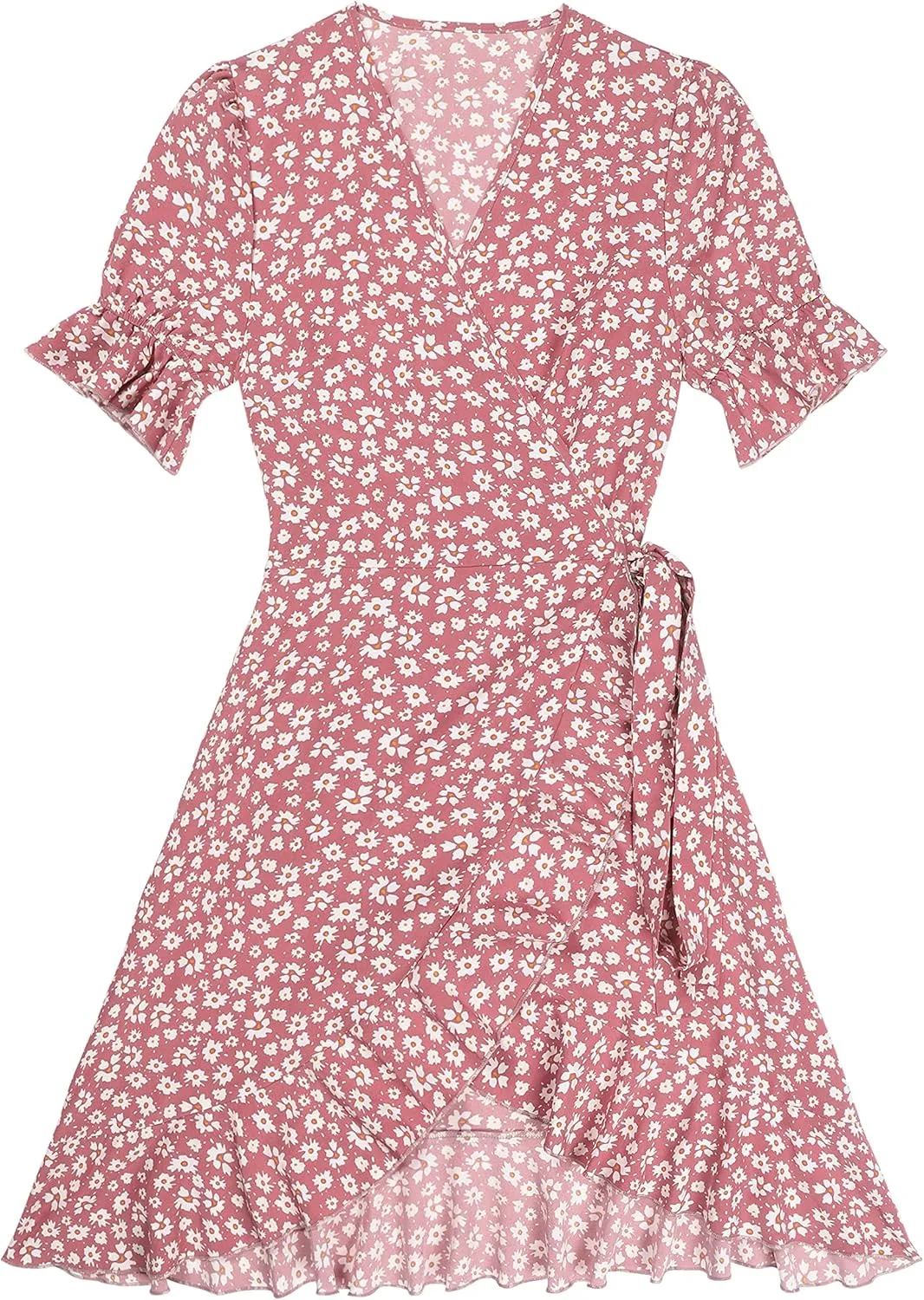 ZAFUL Women's Summer Wrap Dress Short Puff Sleeve Mini Dress Ditsy Floral V-Neck Waist Tie Ruffle Swing Skater Dresses