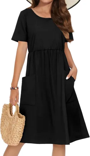 Zeagoo Womens Summer Midi Dress Casual Short Sleeve A-Line Cotton Linen Dress Flowly Beach Tunic Sundresses with Pockets 2025