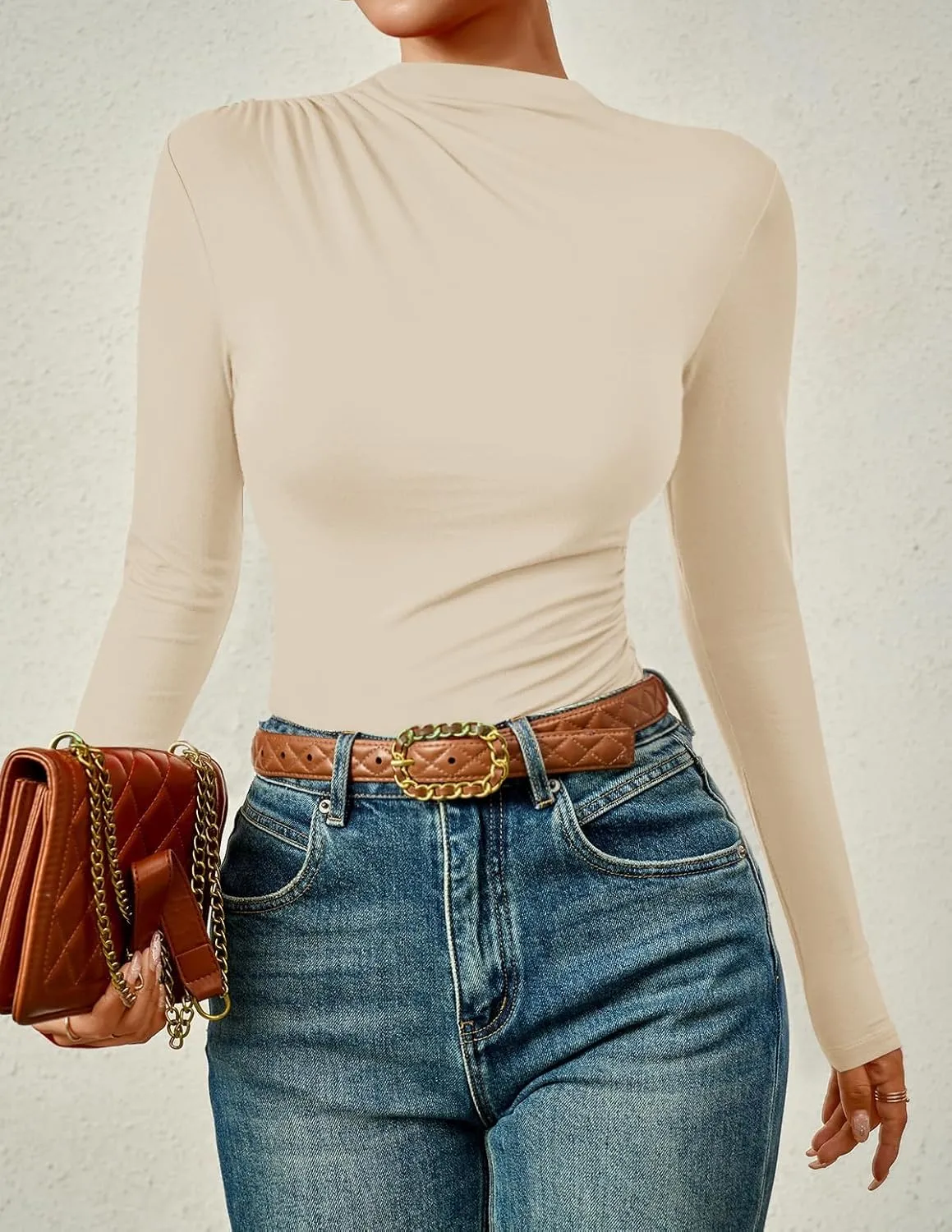 ZESICA Women's Long Sleeve Tops Mock Neck Ruched Tight Shirts Spring Trendy Outfits