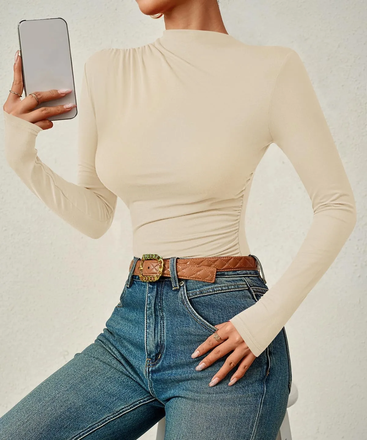 ZESICA Women's Long Sleeve Tops Mock Neck Ruched Tight Shirts Spring Trendy Outfits