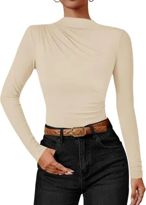 ZESICA Women's Long Sleeve Tops Mock Neck Ruched Tight Shirts Spring Trendy Outfits