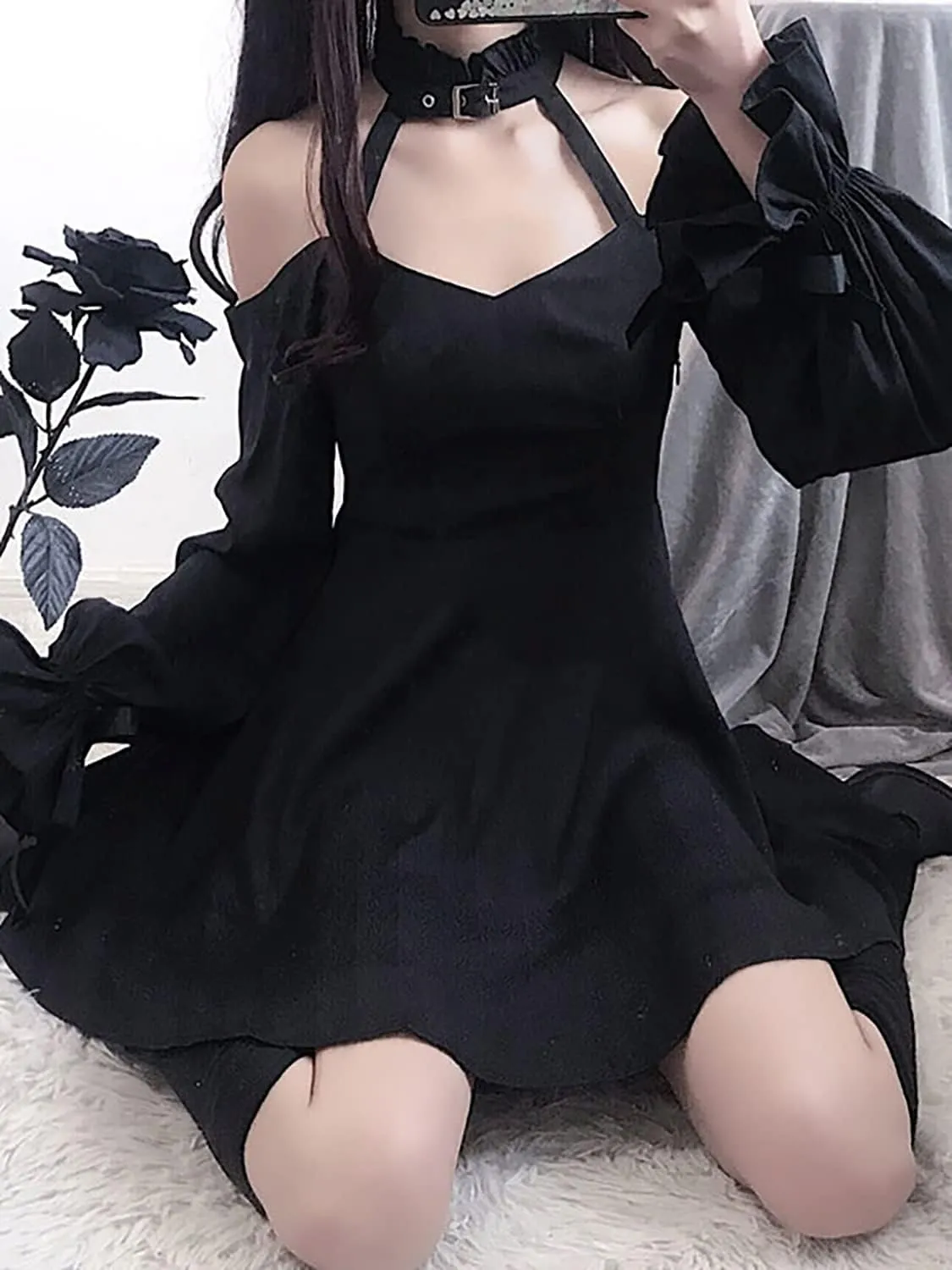 ZZEQYG Womens Gothic Lolita Dress Black Vampire Witch Off Shoulder Mini Dress for Teen