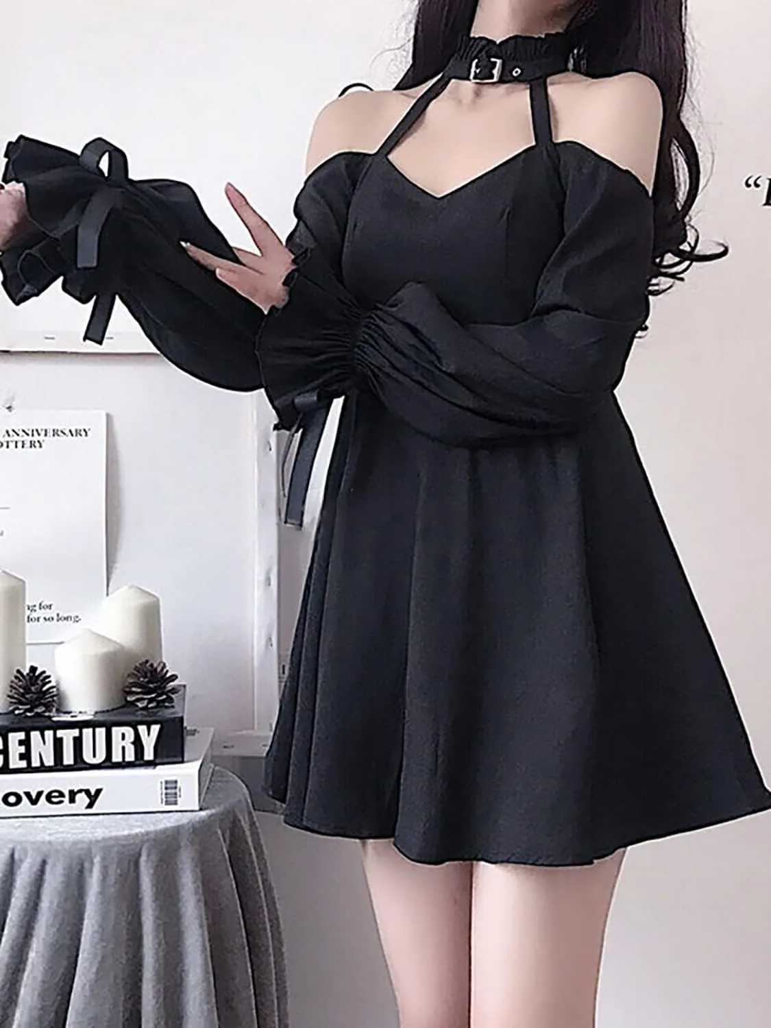 ZZEQYG Womens Gothic Lolita Dress Black Vampire Witch Off Shoulder Mini Dress for Teen